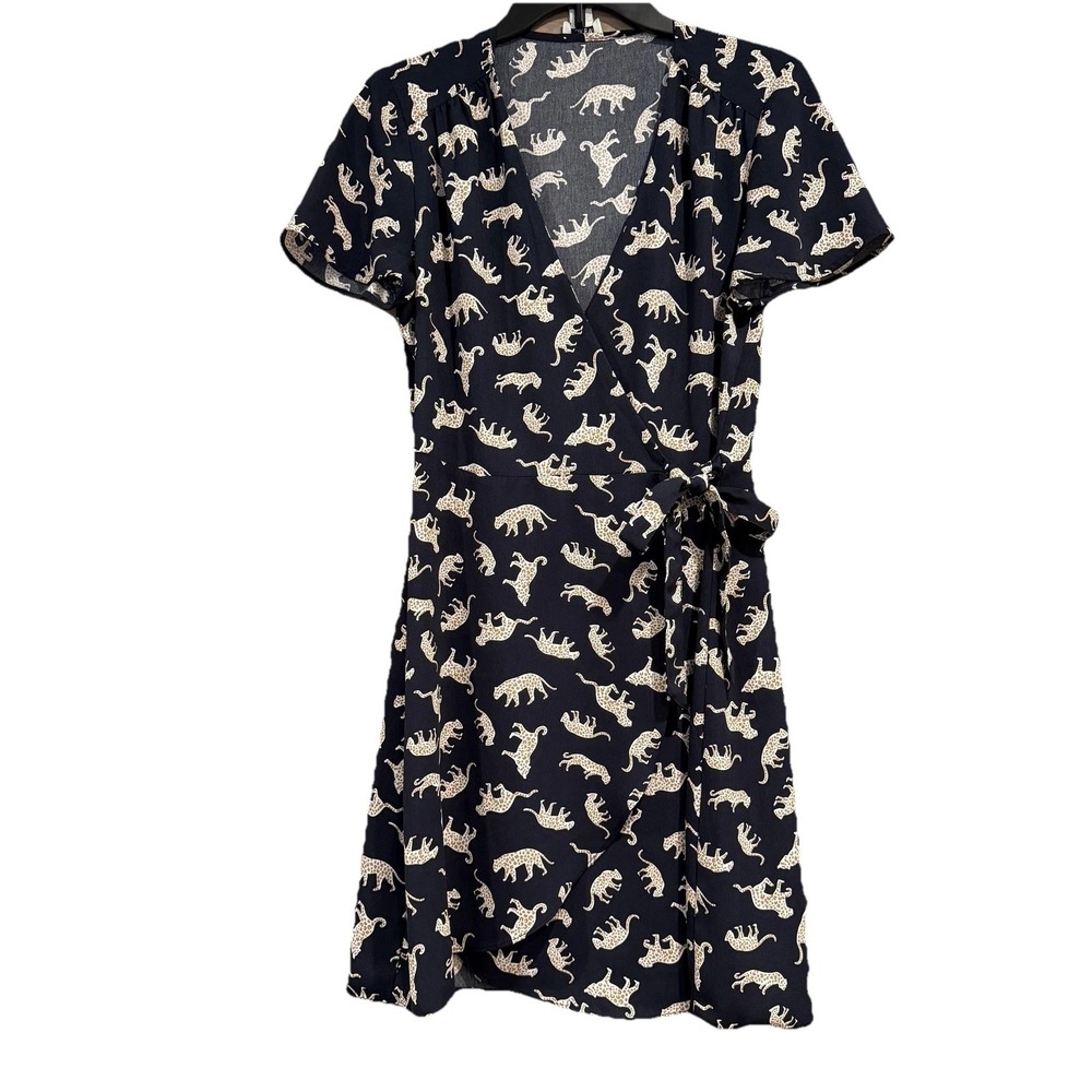 J Crew Dress Womens 6 Navy Leopard Cat Print Faux Wrap Short Sleeve Knee Length